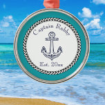 Nautical Anchor Navy Teal Blue White<br><div class="desc">Nautical Anchor Navy Teal Blue and White Metal Ornament</div>