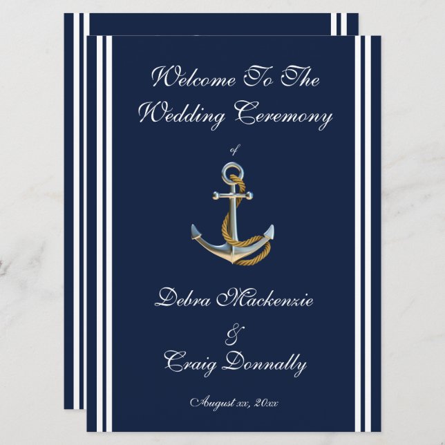 Nautical Anchor, Navy, Wedding Program Programme (Front/Back)
