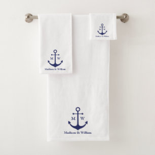 Nautical anchor navy white custom monogram & names bath towel set