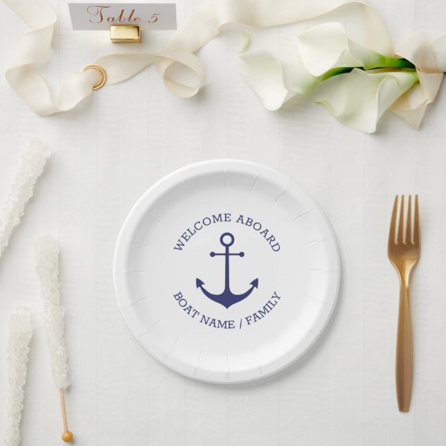 Nautical anchor navy white Custom Welcome Aboard Paper Plate (Wedding)