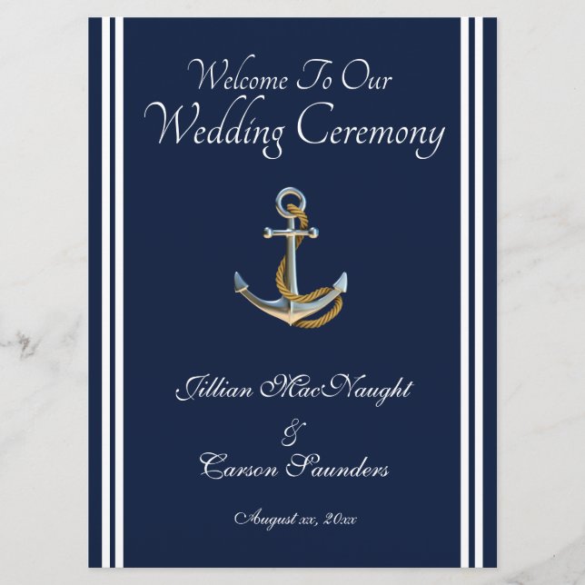 Nautical Anchor - Navy & White Wedding Service Programme (Front)