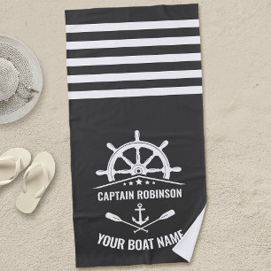 Nautical Anchor Oar Paddle Captain Boat Name Grey Beach Towel