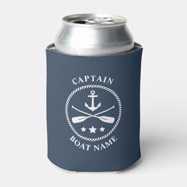 Nautical Anchor Oars Captain Your Boat Name Blue Can Cooler (Can Front)