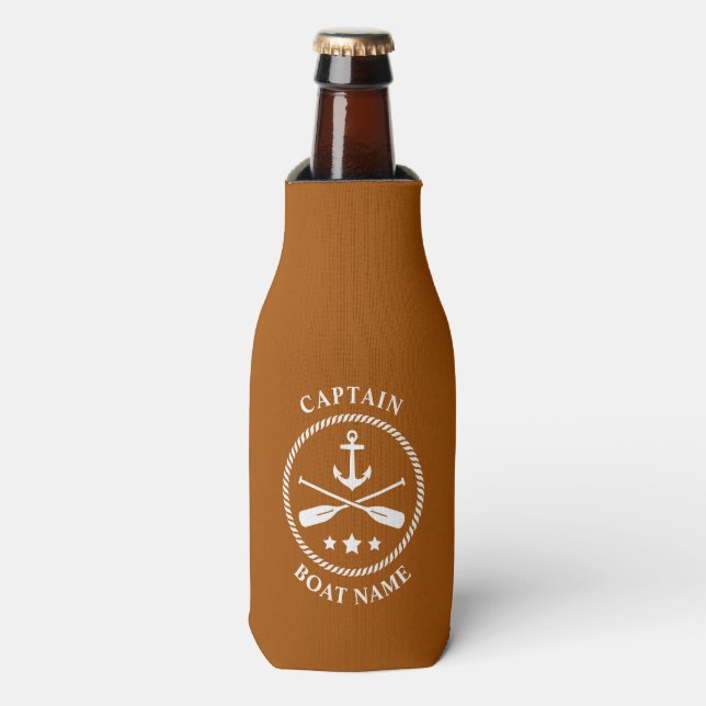 Nautical Anchor Oars Captain Your Boat Name Rusty Bottle Cooler (Bottle Front)