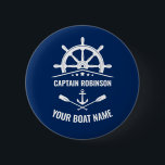 Nautical Anchor Oars Helm Captain & Boat Name 6 Cm Round Badge<br><div class="desc">Nautical Boat,  Ships Wheel - Helm and Crossed Oars with Your Personalized Captain Name and Boat Name on a Stylish Button.</div>