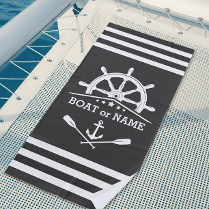 Nautical Anchor Oars Helm Your Name Grey & White Beach Towel