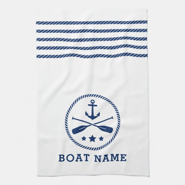 Nautical Anchor Oars Stars Boat Name Blue White Tea Towel (Vertical)