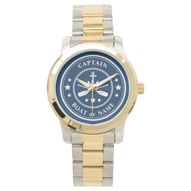 Nautical Anchor Oars Stars Captain Boat Name Navy Watch (Front)