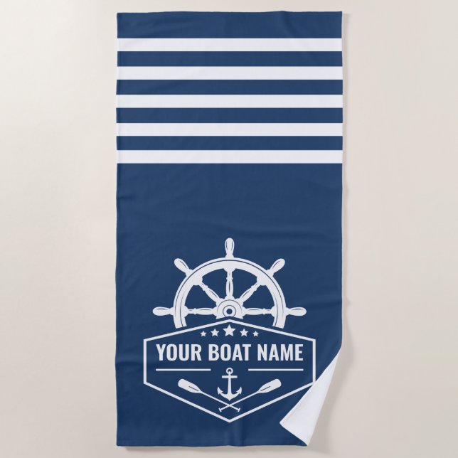 Nautical Anchor Oars Wheel Your Name Blue & White Beach Towel (Front)