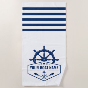 Nautical Anchor Oars Wheel Your Name Navy & White Beach Towel