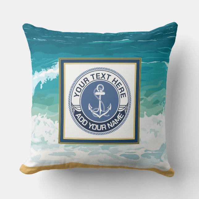 Nautical Anchor Ocean Wave Custom Name Cushion (Front)