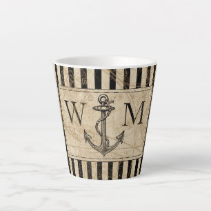 Nautical Anchor Old World Map Black Monogram Latte Mug