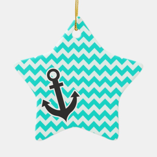 Nautical Anchor on Aqua Colour Chevron Ceramic Tree Decoration (Front)