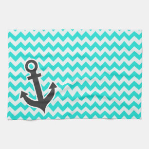 Nautical Anchor on Aqua Colour Chevron Tea Towel