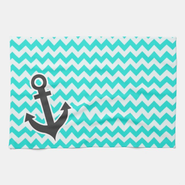 Nautical Anchor on Aqua Colour Chevron Tea Towel (Horizontal)