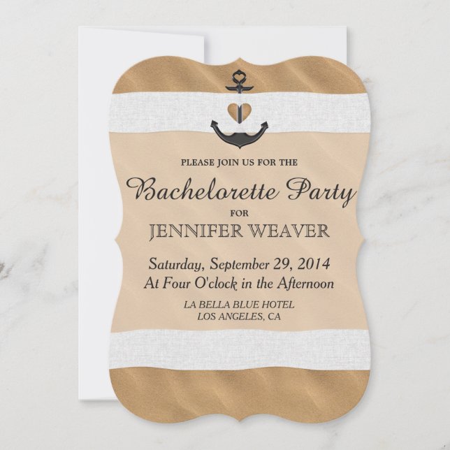 Nautical Anchor On Beach Sand and White Ribbon Invitation (Front)
