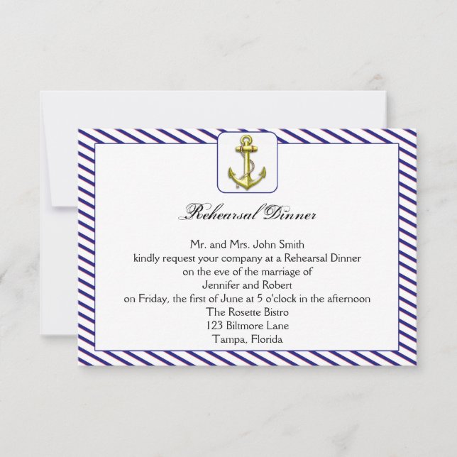 Nautical Anchor on Blue Wedding Rehearsal Dinner Invitation (Front)