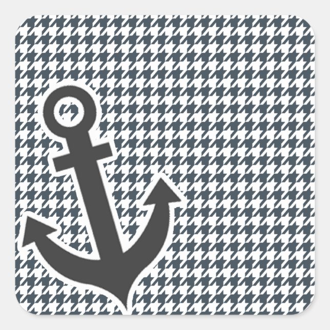 Nautical Anchor on Charcoal Colour Houndstooth Square Sticker (Front)