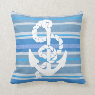Nautical Anchor on Cool Linen Look Blue Stripes Cushion