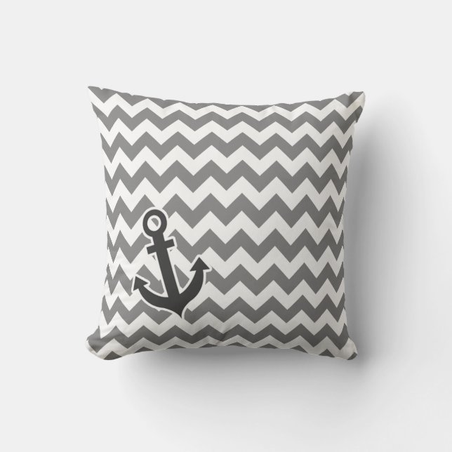 Nautical Anchor on Dark Grey Chevron Cushion (Front)