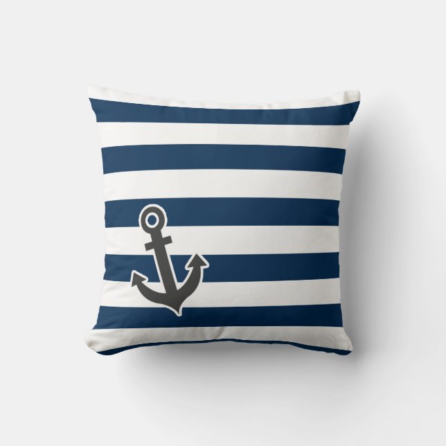 Nautical Anchor on Dark Midnight Blue Stripes Cushion (Front)