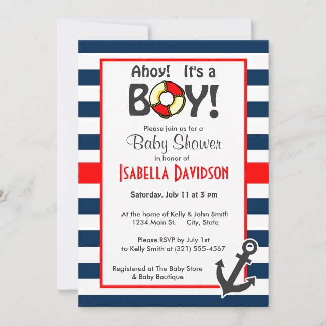Nautical Anchor on Dark Midnight Blue Stripes Invitation (Front)