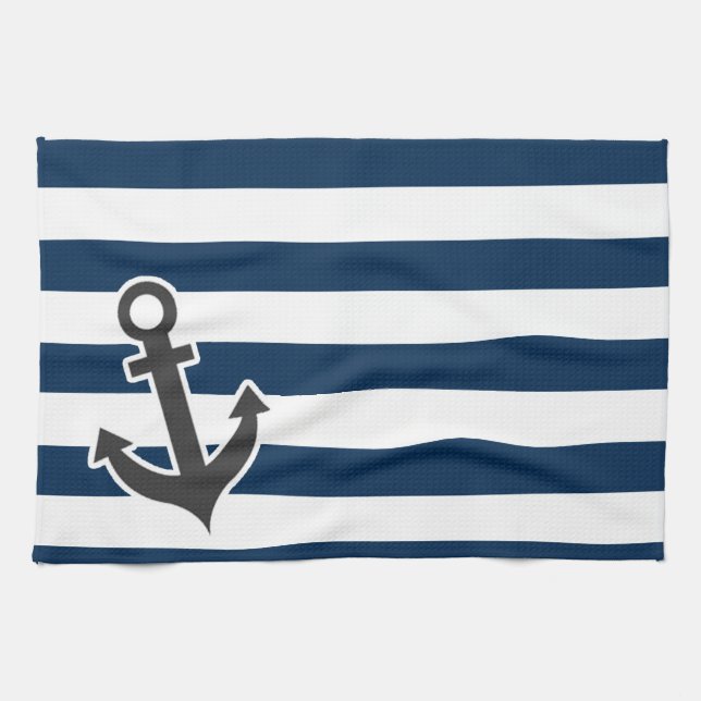 Nautical Anchor on Dark Midnight Blue Stripes Tea Towel (Horizontal)