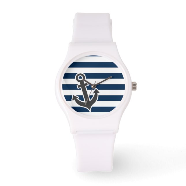 Nautical Anchor on Dark Midnight Blue Stripes Watch (Front)