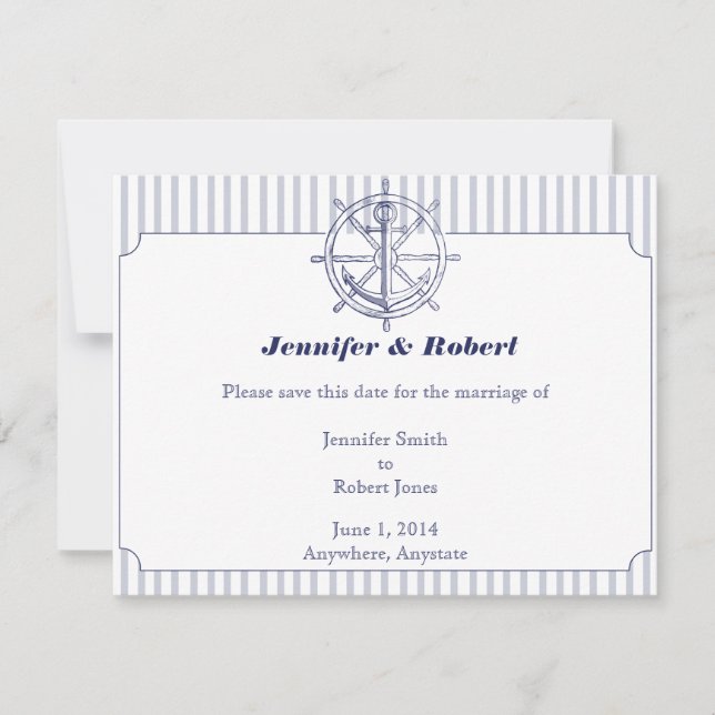 Nautical Anchor on Grey Stripe Save the Date Card (Front)