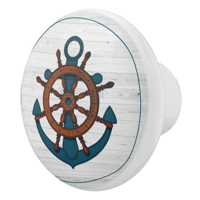 Nautical Anchor on White Wood  Ceramic Knob (Right)