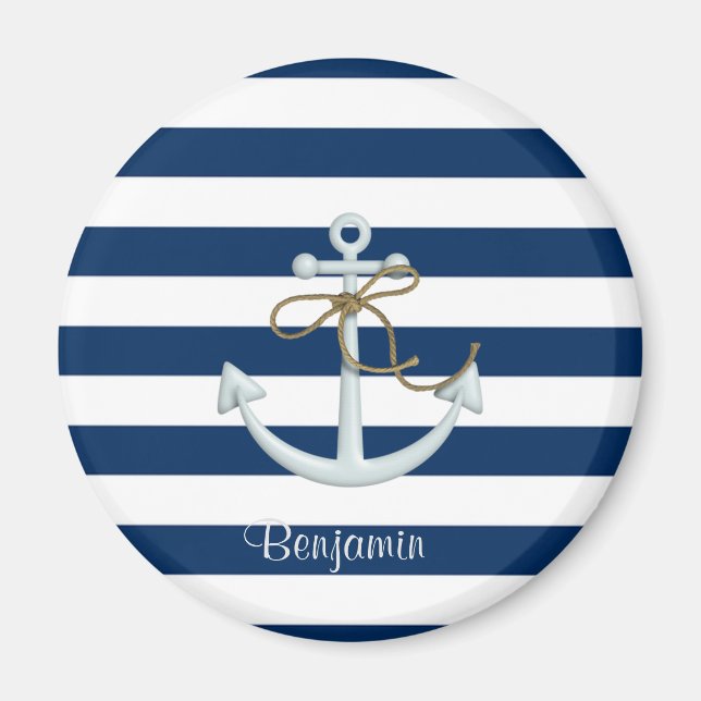 Nautical  Anchor OnNavy Blue Stripes-Personalised Magnet (Front)