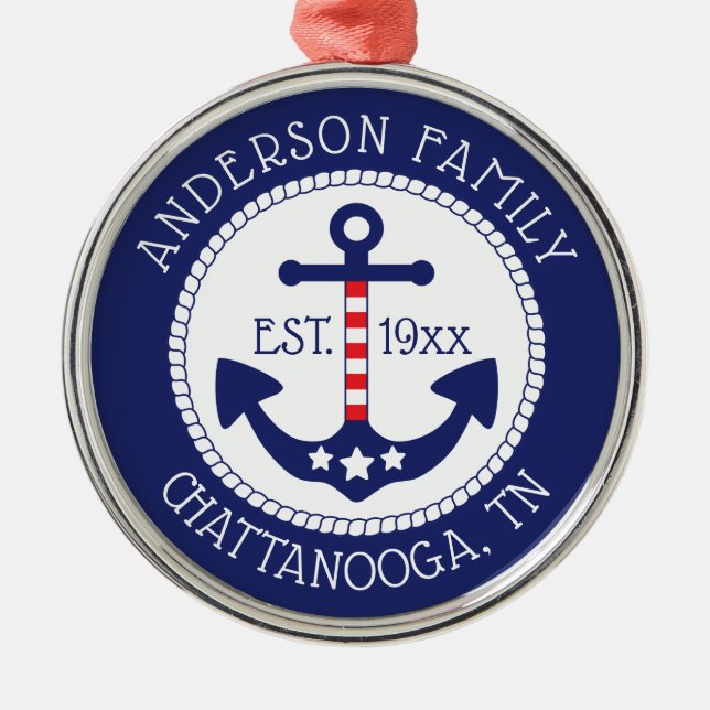 Nautical Anchor Patriotic Family Name Metal Tree Decoration (Front)