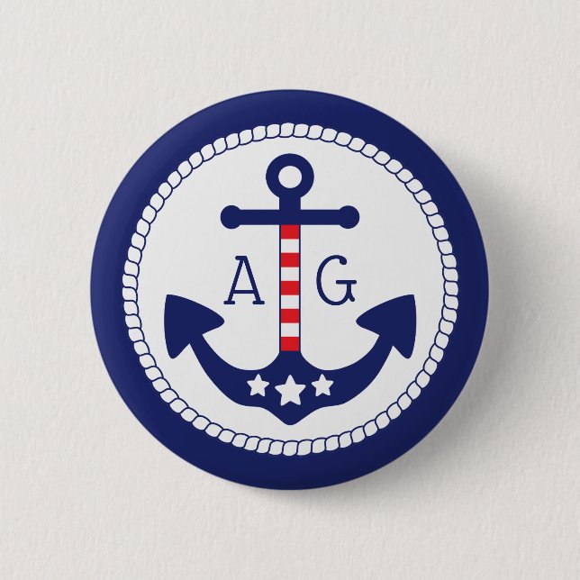 Nautical Anchor Patriotic Stars & Stripes Monogram 6 Cm Round Badge (Front)
