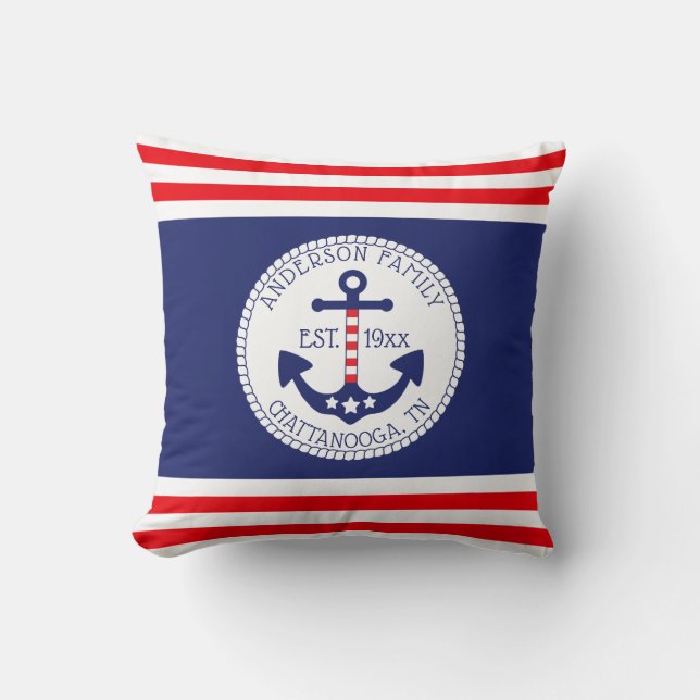 Nautical Anchor Patriotic Stars Stripes Monogram Cushion (Front)