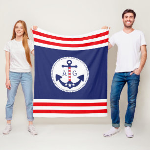 Nautical Anchor Patriotic Stars & Stripes Monogram Fleece Blanket