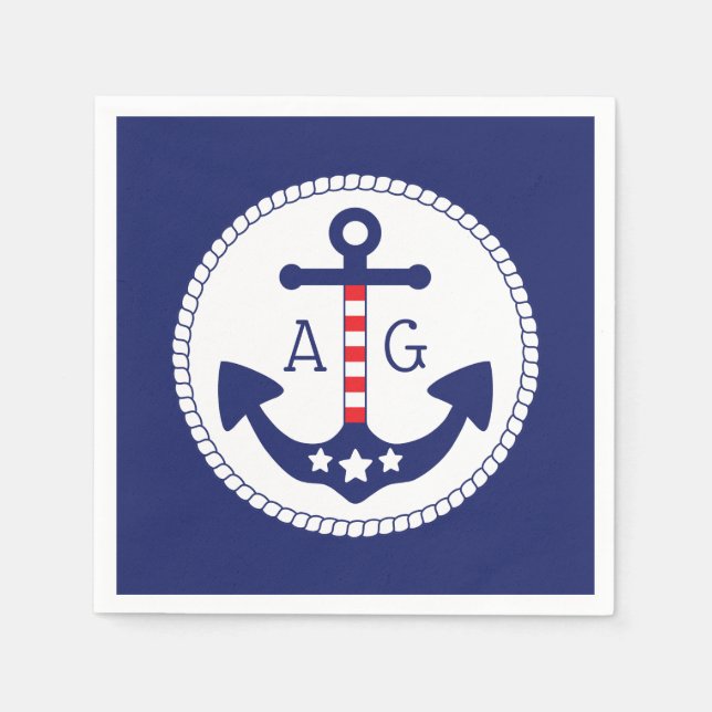 Nautical Anchor Patriotic Stars & Stripes Monogram Napkin (Front)