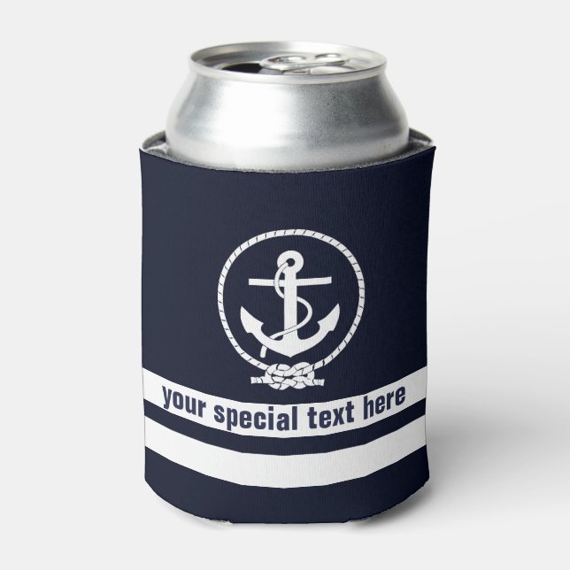 Nautical Anchor Pattern Monogram with Add text Can Cooler (Can Front)