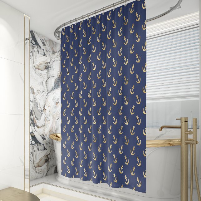 Nautical Anchor Pattern Navy Blue Gold Shower Curtain (Creator Uploaded)