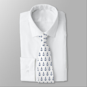 Nautical Anchor Pattern Navy on White Tie