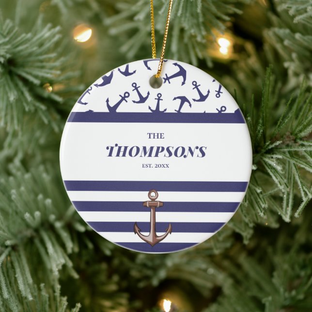 Nautical Anchor Pattern Navy Stripes Family Name Ceramic Tree Decoration (Tree)
