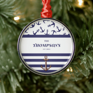 Nautical Anchor Pattern Navy Stripes Family Name Metal Tree Decoration
