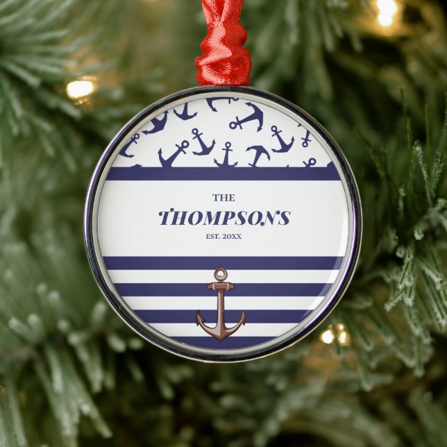 Nautical Anchor Pattern Navy Stripes Family Name  Metal Tree Decoration (Tree)