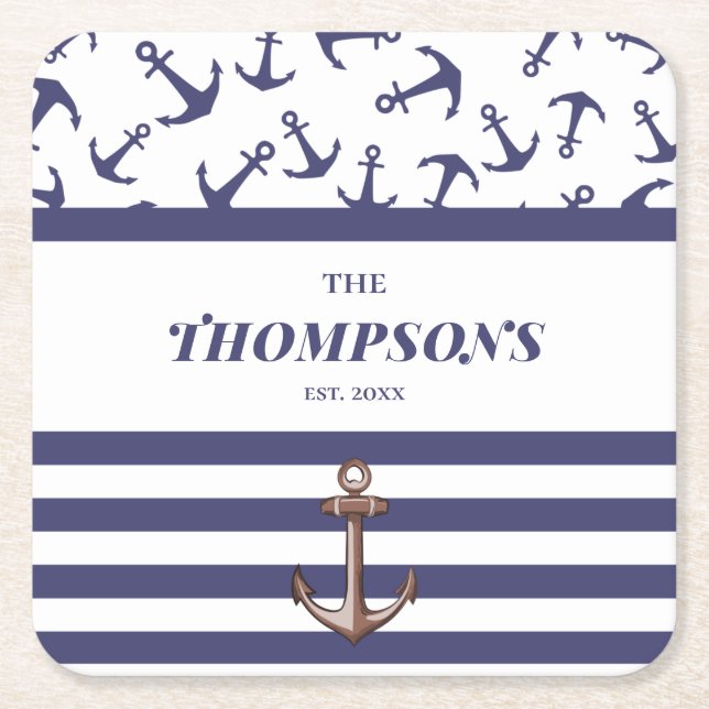 Nautical Anchor Pattern Navy Stripes Family Name Square Paper Coaster (Front)