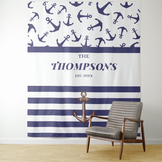Nautical Anchor Pattern Navy Stripes Family Name Tapestry (In Situ)