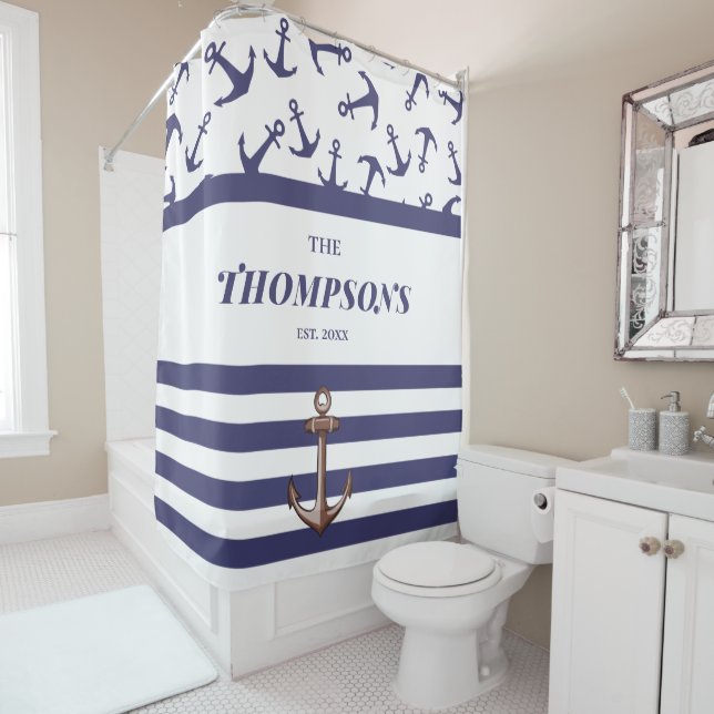 Nautical Anchor Pattern Navy Stripes Family Shower Curtain (In Situ)
