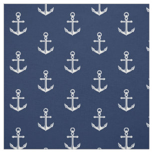 Nautical Anchor Pattern Navy White Fabric
