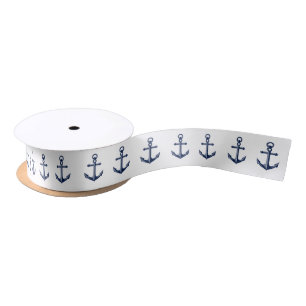Nautical Anchor Pattern Navy   White Satin Ribbon