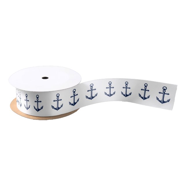 Nautical Anchor Pattern Navy | White Satin Ribbon (Spool)