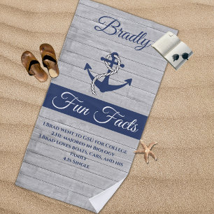 Nautical Anchor Personalised Navy Blue Fun Facts Beach Towel
