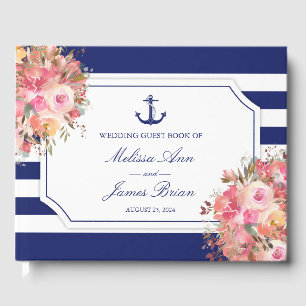 Nautical Anchor Pink Floral Blue Striped Wedding Guest Book